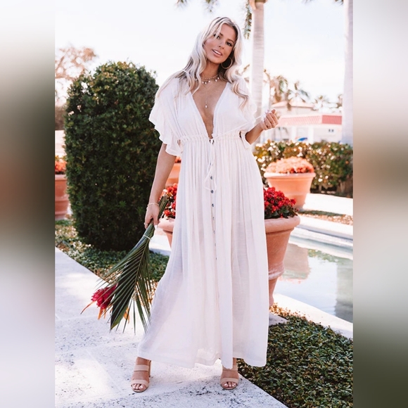 New Flowy Plunge Maxi Gauze Cover Up Dress Summer White